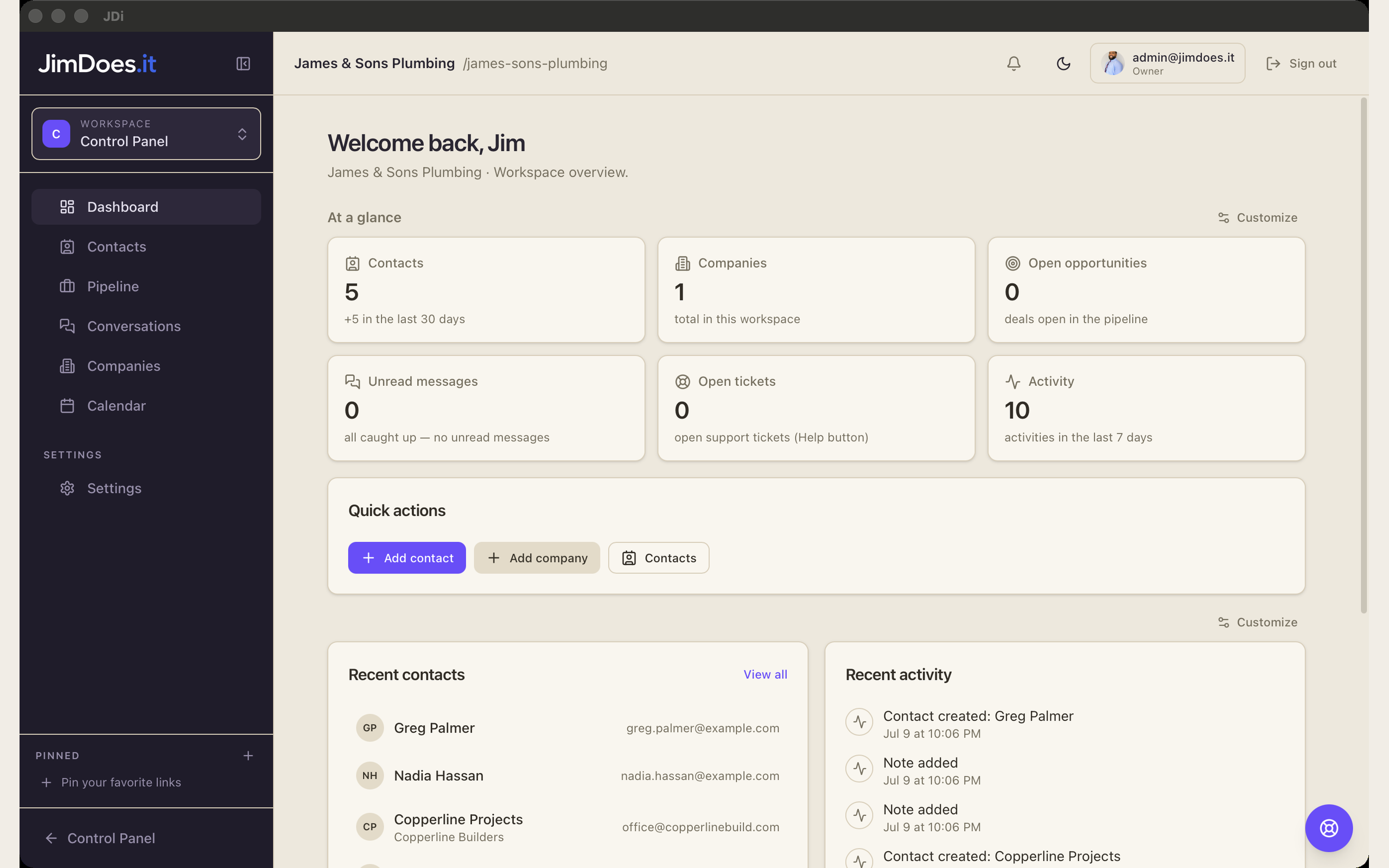 Sample JDi overview with contacts and recent activity