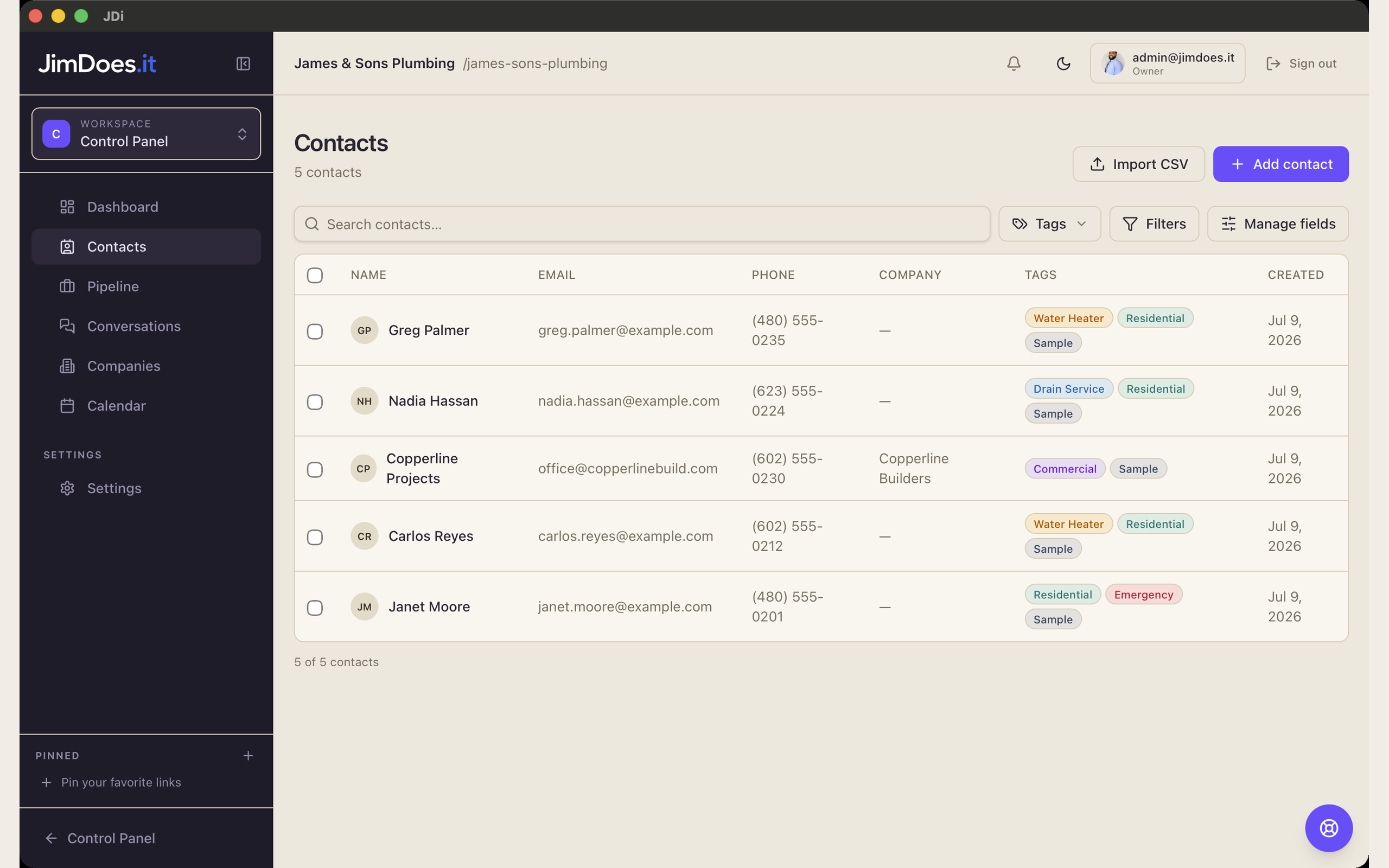 JDi contacts list with sample names, contact details, and tags